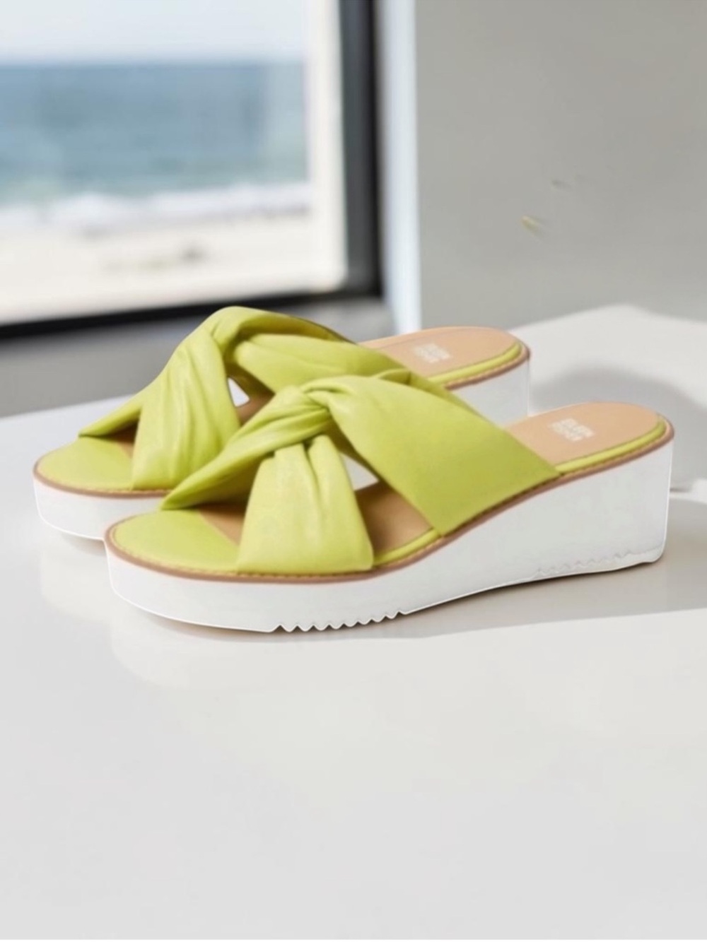 EILEEN FISHER “Bene” Platform Leather Wedge Sandals - Color Citrus - Women’s 8